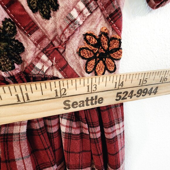 Vtg Embroidered Tie Dye Plaid Empire Waist Short Sleeve Maxi Dress Sz S Boho Y2K - Picture 14 of 16